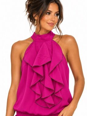 GUESS Fuchsia Pink Cascading Ruffle Halter Top Tie Back Medium